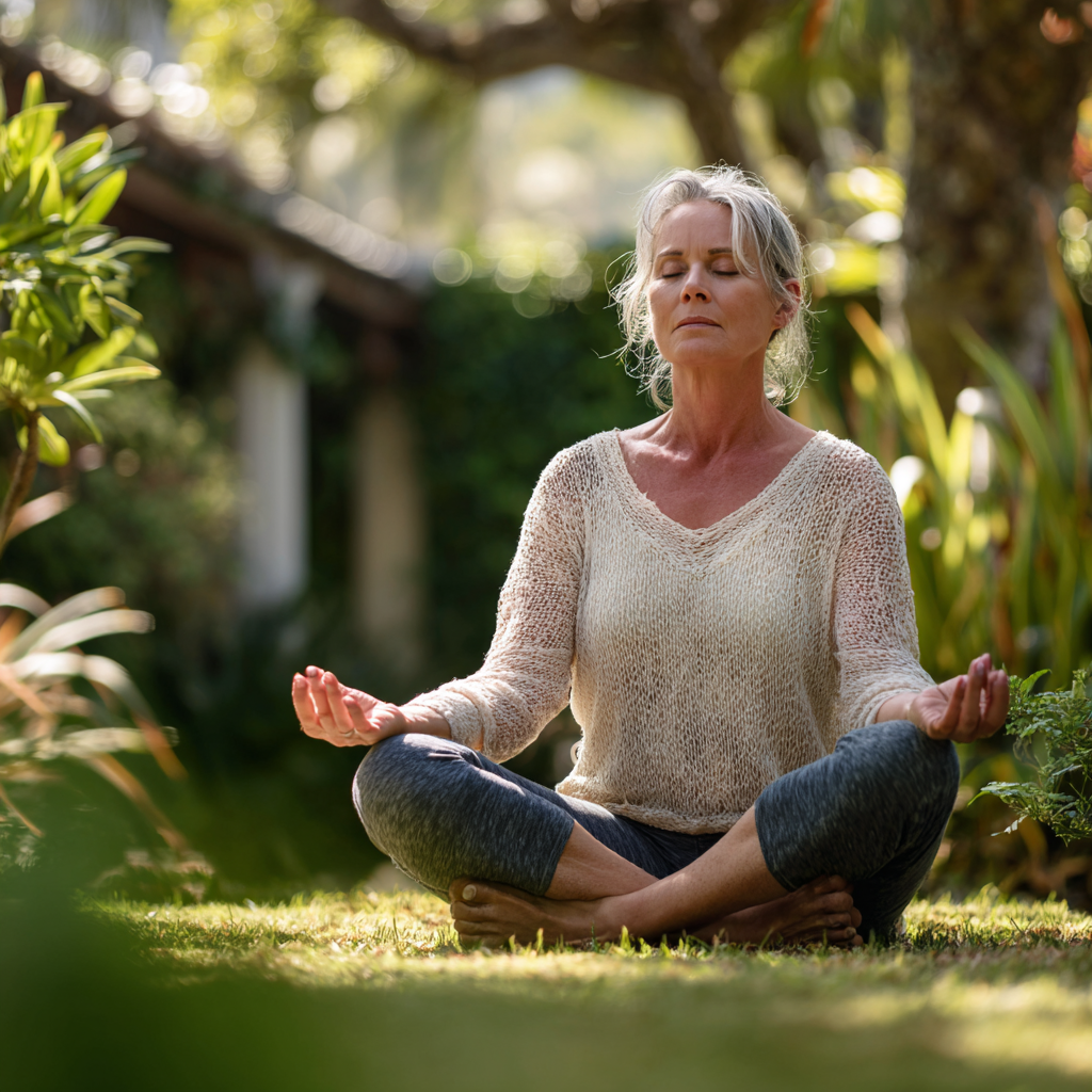 mature woman practicing yoga outdoors in peaceful garden setting