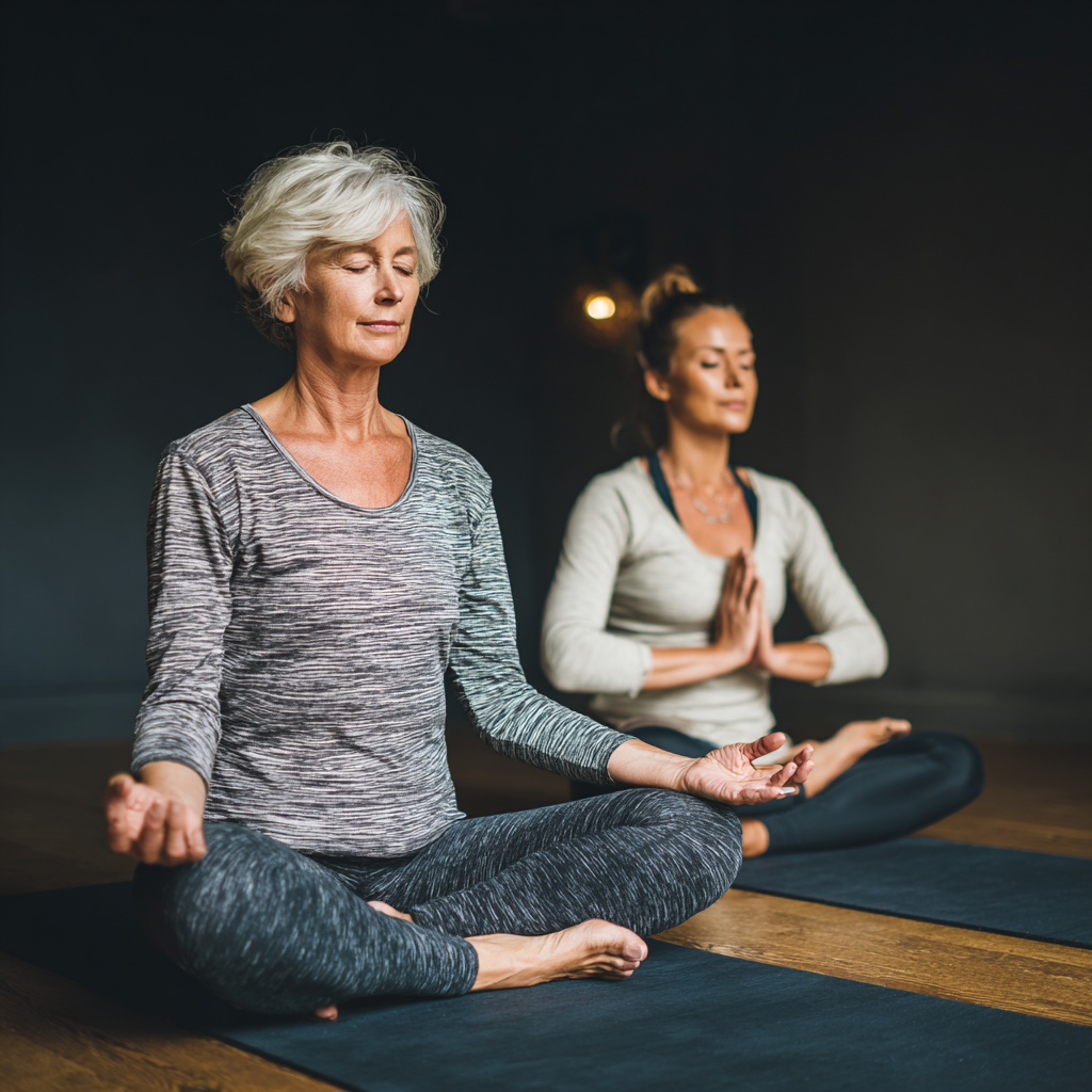 senior woman starting yoga practice with instructor guidance in calm studio